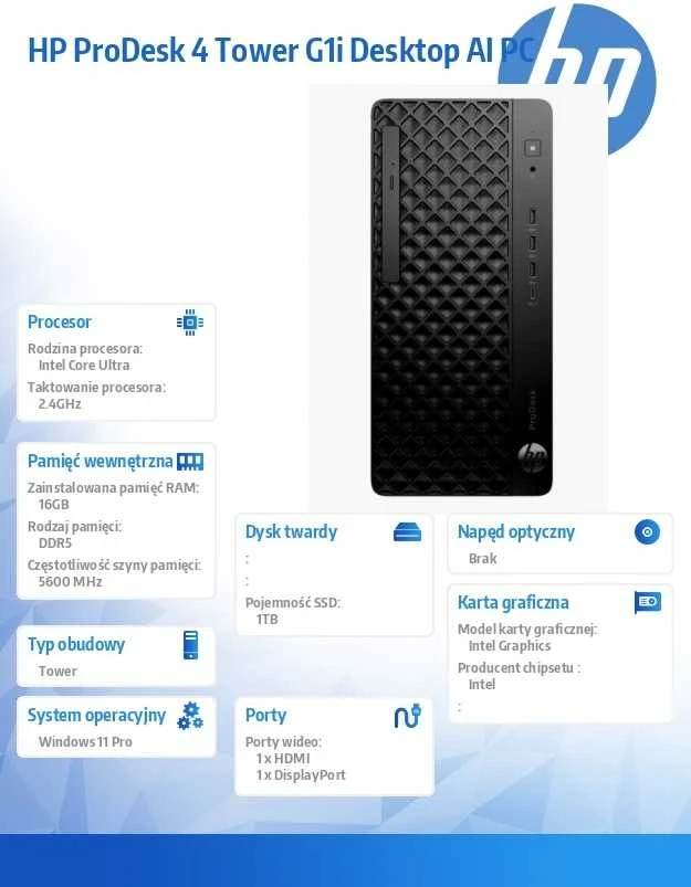 „Hewlett Packard“ (HP) „HP ProDesk 4 Tower G1i“ stacionarus kompiuteris su dirbtiniu intelektu, „Intel Core Ultra 7 265“ procesoriumi, 16 GB DDR5-SDRAM, 1 TB SSD, „Windows 11 Pro“ su juoda