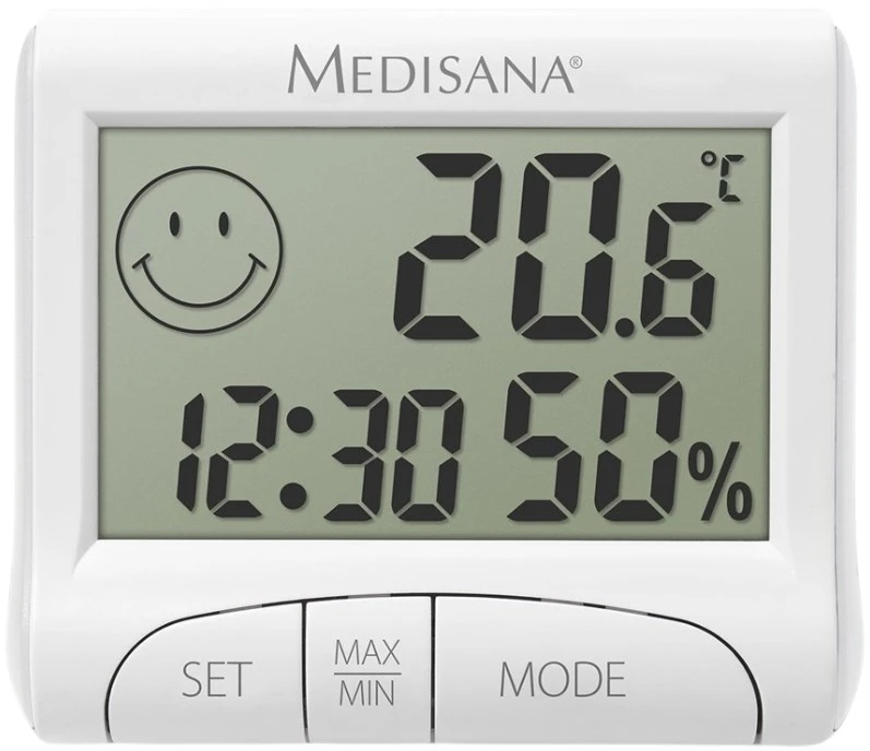 Higrometras Medisana HG 100 drėgmės matavimui, komforto indikatorius | laikrodis | žadintuvo funkcija | 82 x 70 x 20 mm