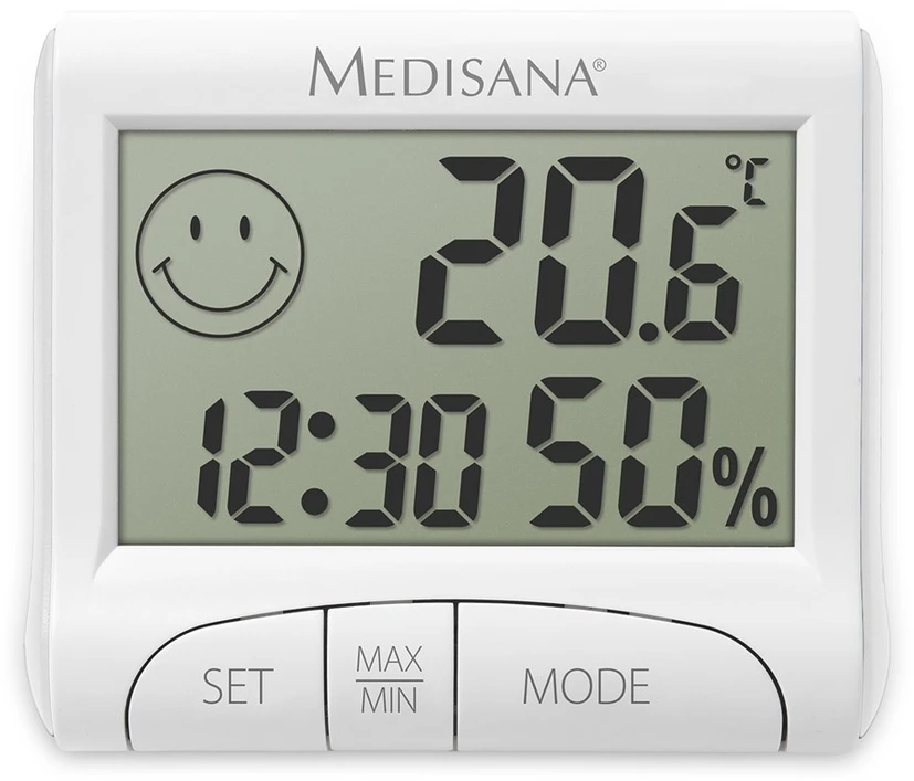 Higrometras Medisana HG 100 drėgmės matavimui, komforto indikatorius | laikrodis | žadintuvo funkcija | 82 x 70 x 20 mm