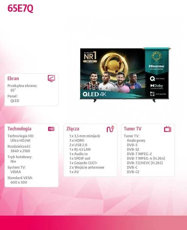 Televizorius Hisense UHD QLED Smart TV | 65E7Q | 65" | Smart TV | VIDAA OS | UHD | Juodas