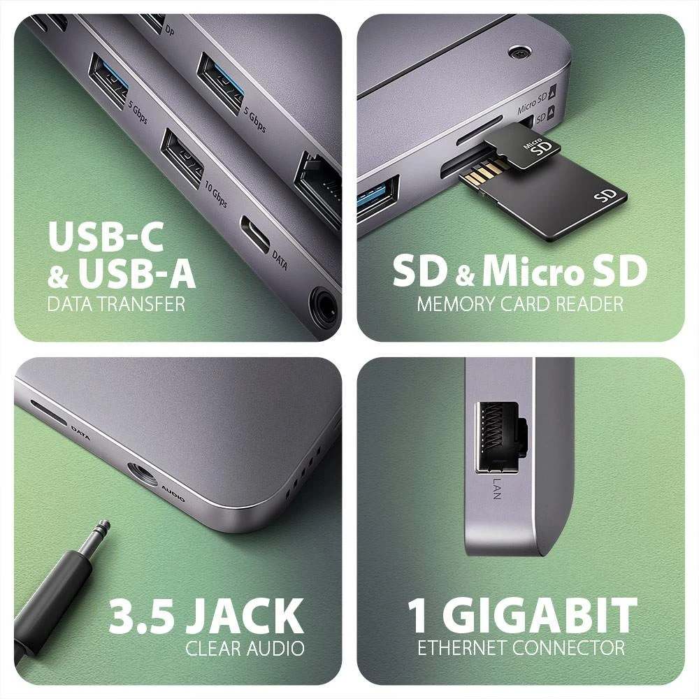 AXAGON kelių prievadų USB-C 10Gbps šakotuvas. NVMe/SATA M.2, HDMI ir DisplayPort. USB-C laidas 50 cm.