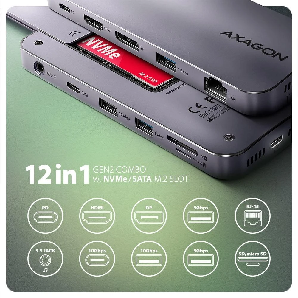 AXAGON kelių prievadų USB-C 10Gbps šakotuvas. NVMe/SATA M.2, HDMI ir DisplayPort. USB-C laidas 50 cm.