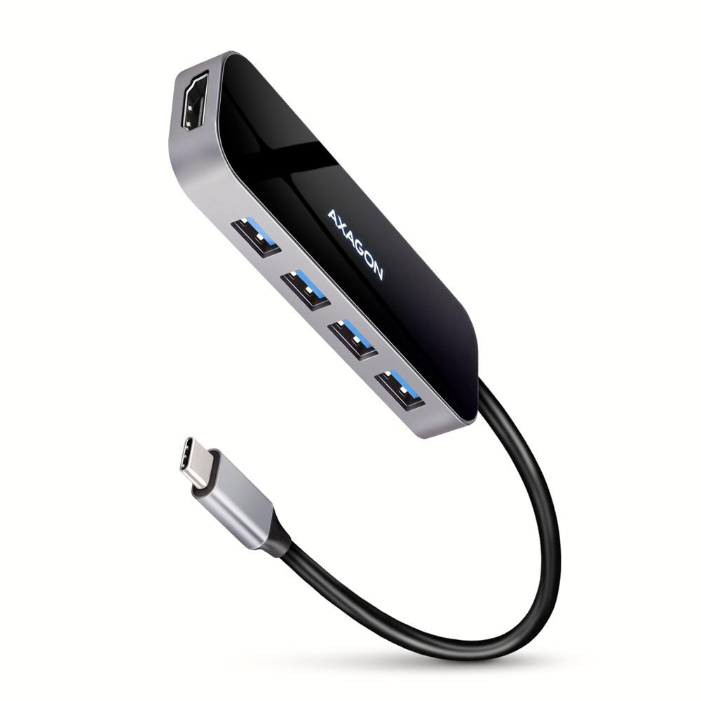 Axagon kelių prievadų USB 3.2 Gen 1 šakotuvas. HDMI, keturi USB-A išėjimai ir maitinimo tiekimas. Kabelis USB-C 20cm.