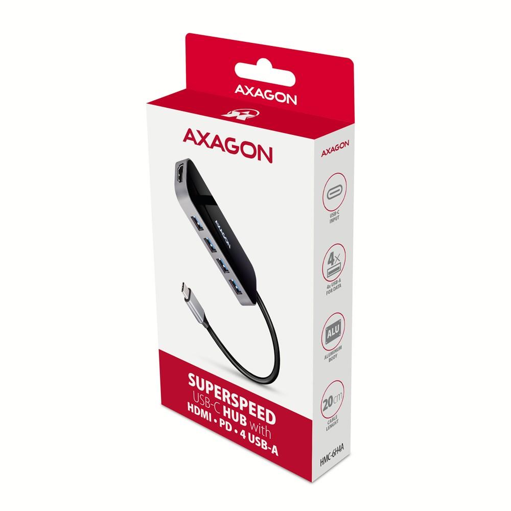 Axagon kelių prievadų USB 3.2 Gen 1 šakotuvas. HDMI, keturi USB-A išėjimai ir maitinimo tiekimas. Kabelis USB-C 20cm.