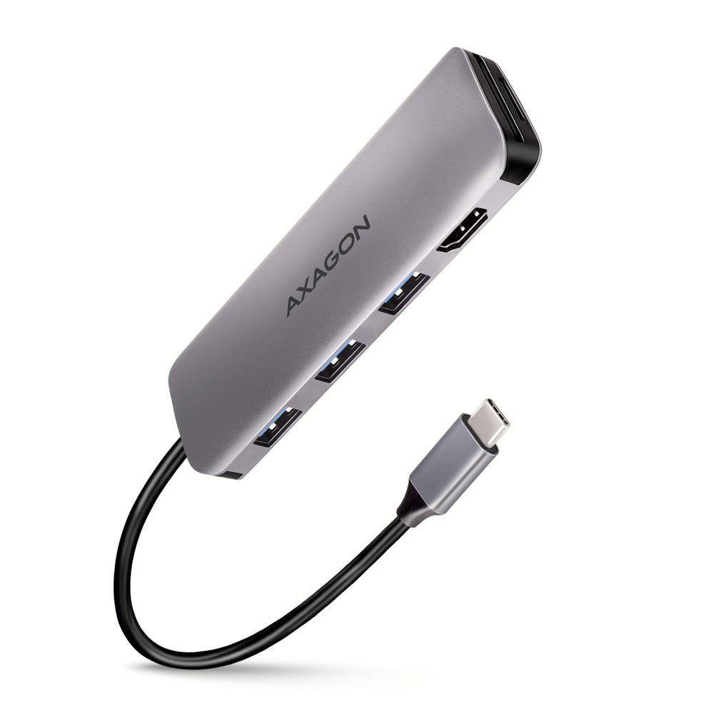 Axagon kelių prievadų USB 3.2 Gen 1 šakotuvas. HDMI, kortelių skaitytuvas ir trys USB-A išėjimai. USB-C laidas 20 cm.