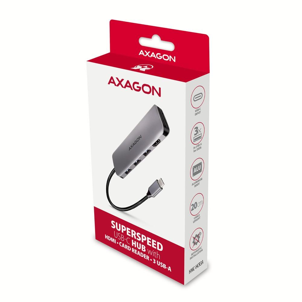Axagon kelių prievadų USB 3.2 Gen 1 šakotuvas. HDMI, kortelių skaitytuvas ir trys USB-A išėjimai. USB-C laidas 20 cm.