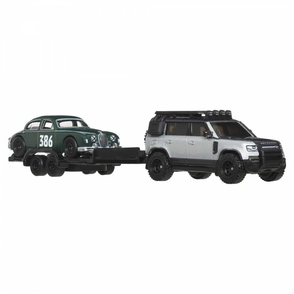 Mattel Žaisliniai Hot Wheels automobiliai Jaguar MK1 ir Land Rover Defender 110 1:64 sidabriniai