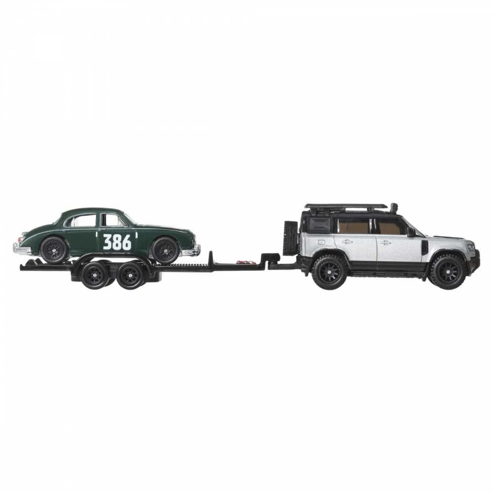 Mattel Žaisliniai Hot Wheels automobiliai Jaguar MK1 ir Land Rover Defender 110 1:64 sidabriniai