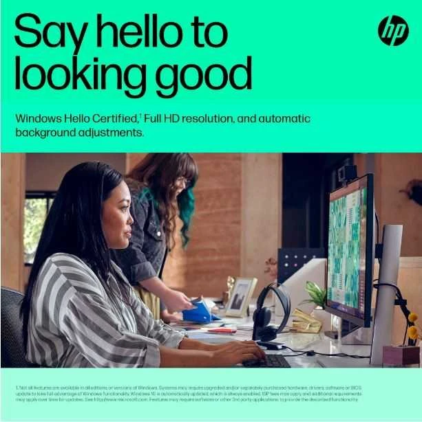 HP 625 USB FHD konferencijų verslo internetinė kamera – pakreipta, pasukama, dvigubą triukšmą mažinantis mikrofonas, HDR, suderinama su „Windows Hello“, pritvirtinama – Juodas