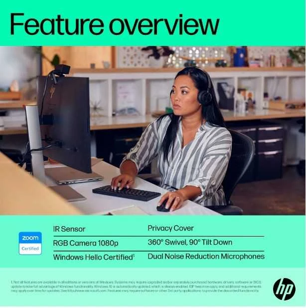 HP 625 USB FHD konferencijų verslo internetinė kamera – pakreipta, pasukama, dvigubą triukšmą mažinantis mikrofonas, HDR, suderinama su „Windows Hello“, pritvirtinama – Juodas