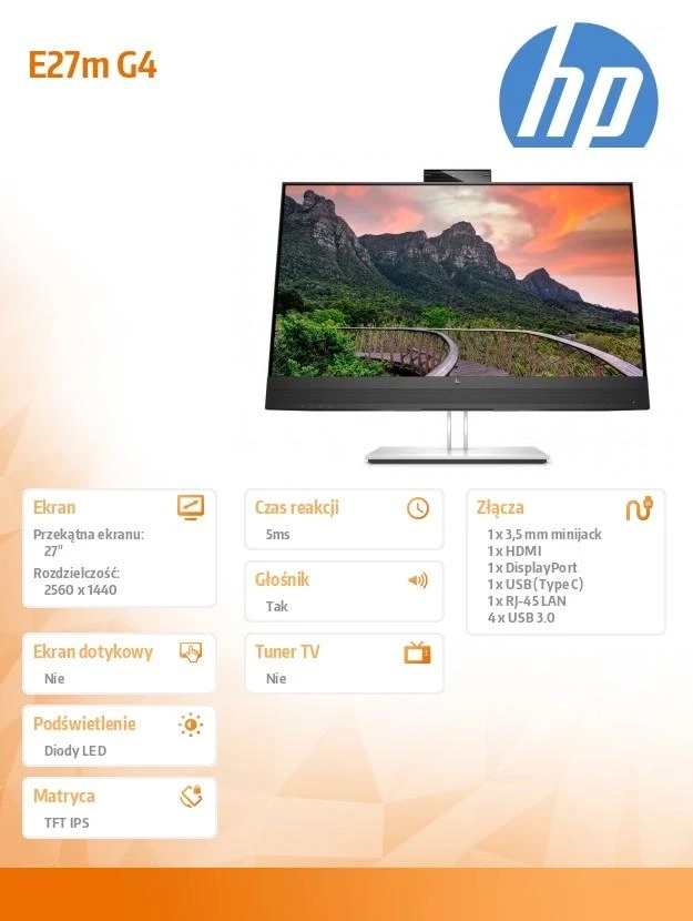 Monitorius HP E27m G4 QHD USB-C Conferencing Monitor/IPS/QHD (2560 x 1440)/300 nits/web cam 5MP/Speakers 2 x 5 W  (40Z29AA)