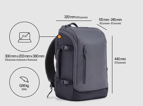 Hewlett Packard (HP) HP Travel 15.6 kuprinė, 25 litrų talpa, RFID ir Bluetooth sekimo kišenė - Pilkas