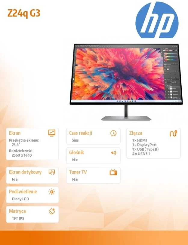 Hewlett Packard (HP) HP Z24q G3 QHD monitorius – 23,8 colio, 2560x1440 QHD, 400 nitų, 90 Hz, AG, IPS, HDMI/DisplayPort grandinės jungtis, 4 USB-A jungtys, reguliuojamo aukščio / pakreipimo / pasukimo / sukimosi padėtis, 3 metimai