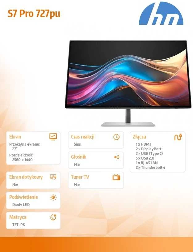 Hewlett Packard (HP) HP 727pu Series 7 Pro QHD įkrovimo monitorius – 27 colių 2560x1440 QHD 400 nitų 120Hz AG, IPS Juodas HDR 400, USB-C(100W/15W)/HDMI/DisplayPort Daisy-Chain, RJ- 5x USB-5, LAN Reguliuojamas aukštis / pakreipimas / pasukamas / pasukamas, 3 metai (pakeičia Z27u G3) (Pažeista pakuotė)