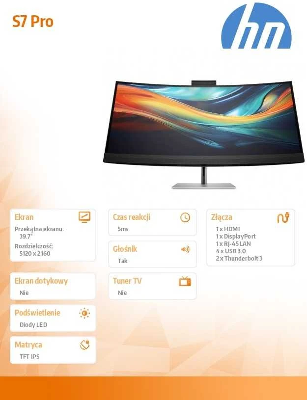 Hewlett Packard (HP) HP 740pm Series 7 Pro 5K Curved Conferencing Monitorius – 39,7 colio 5120 x 2160 WUHD 300 nitų 60 Hz AG, lenktas, IPS, 2 x USB-C (100 W)/HDMI/DisplayPort, 4 x USB-A, žiniatinklio kamera, R13-5 MP4 , reguliuojamo aukščio / pakreipimo / pasukimo, 3 metai (pakeičia Z40c G3)