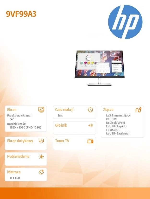 Hewlett Packard (HP) HP EliteDisplay E24 G4 FHD monitorius – 23.8" 1920x1080 FHD AG, IPS, DisplayPort/HDMI/VGA, 4x USB 3.0, reguliuojamas aukštis, 3 metai