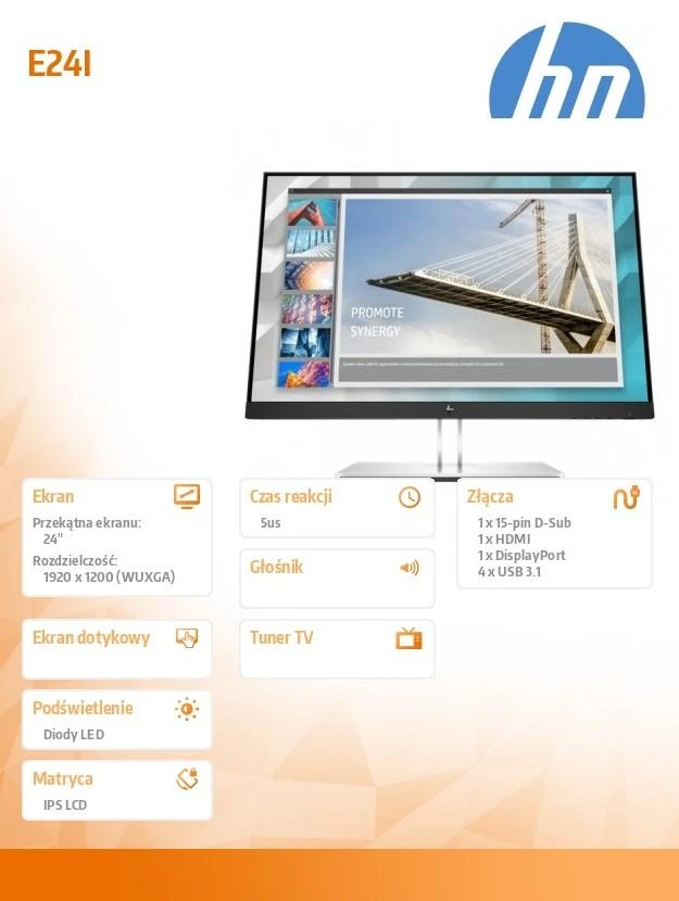 Monitorius Hewlett Packard (HP) HP LCD E24i G4 24" 1920x1200, IPS su LED mikro briauna, 250cd/m2, 1000:1, 5ms g/g, VGA, DP1.2, HDMI 1.4,4xUSB3.2 be kabelio