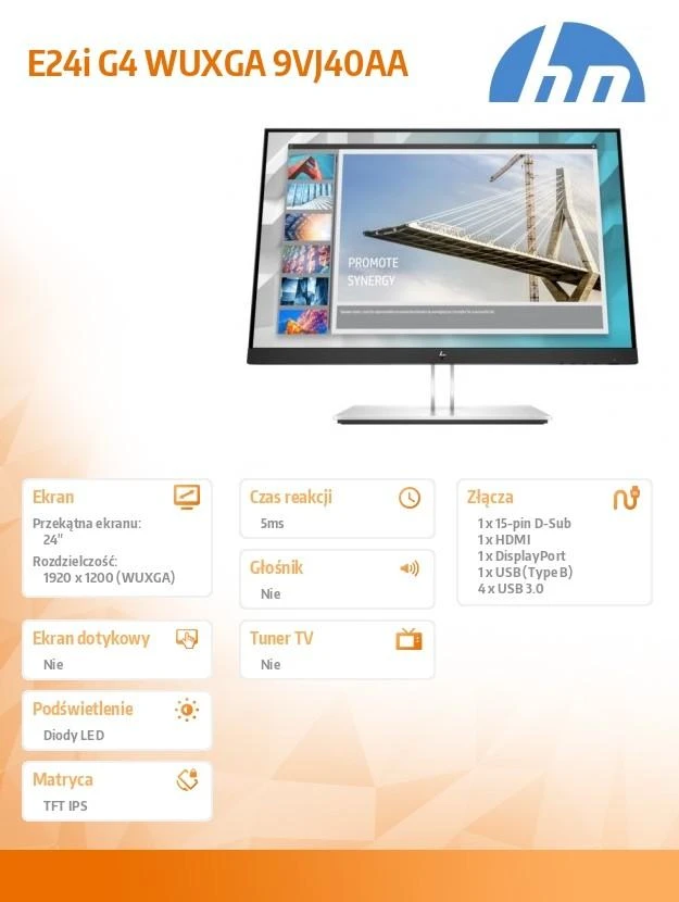 „Hewlett Packard“ (HP) „HP E24i G4 WUXGA“ monitorius – 24 colių, 1920 x 1200 WUXGA, 250 nitų, 60 Hz, AG, IPS, HDMI/VGA/DisplayPort, 4 USB-A, reguliuojamo aukščio / pakreipimo / pasukimo / sukimosi ašys, 3 metimai