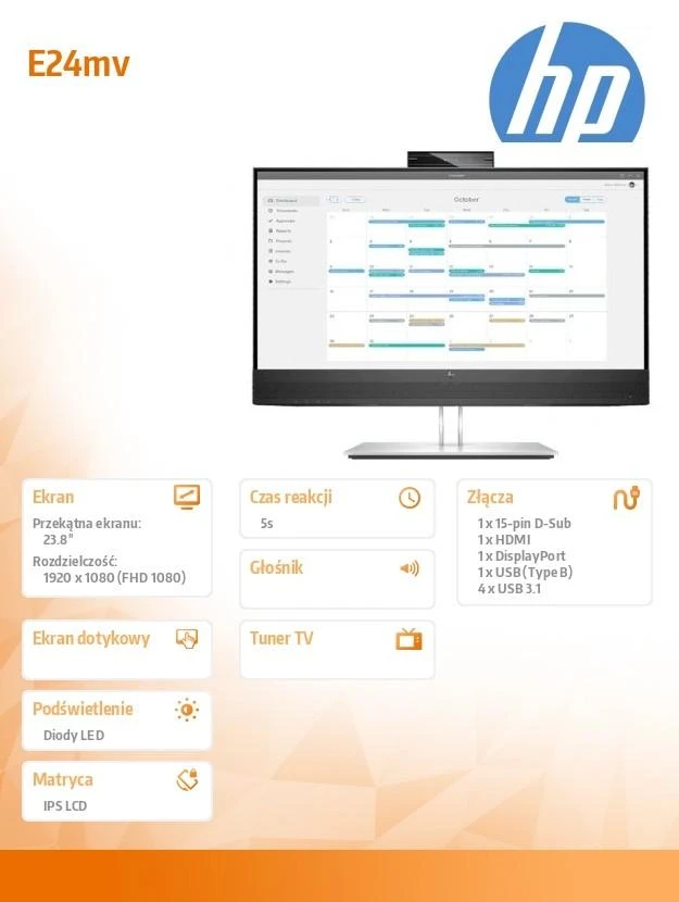 „Hewlett Packard (HP) HP E24mv G4 FHD“ konferencijų monitorius – 23,8 colio, 1920 x 1080 FHD, 250 nitų, 60 Hz, AG, IPS, HDMI/VGA/DisplayPort, 4 USB-A jungtys, garsiakalbiai, 5 MP internetinė kamera, reguliuojamo aukščio / pakreipimo / pasukimo / sukimosi funkcija, 3 metai