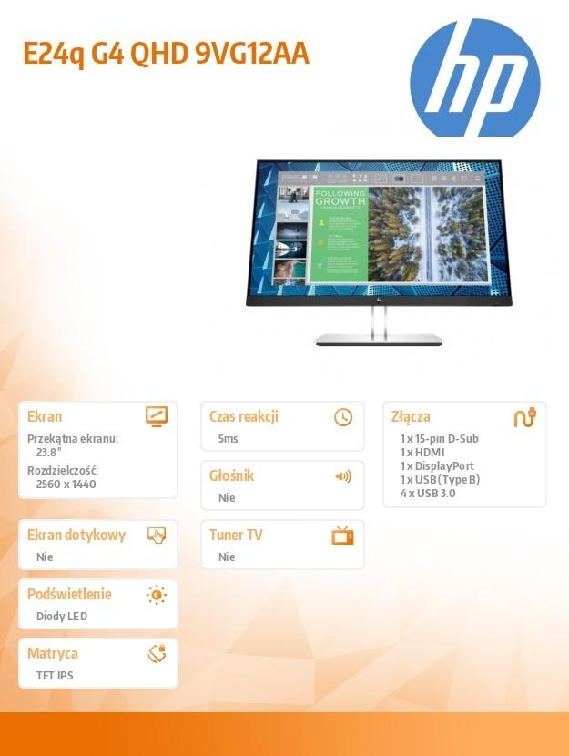 Hewlett Packard (HP) HP EliteDisplay E24q G4 QHD Monitorius - 23.8" 2560x1440 QHD AG, IPS, DisplayPort/HDMI/VGA, 4x USB 3.0, height adjustable, 3 metai