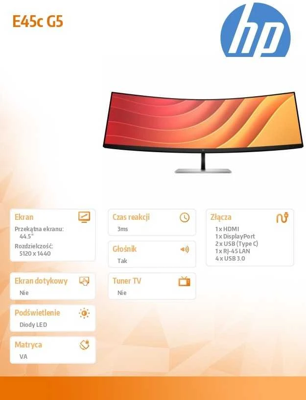 Hewlett Packard (HP) HP E45c G5 5K lenktas įkrovimo monitorius – 44,5" 5120x1440 5K DQHD 400 nitų 165 Hz AG, lenktas, VA, 2x USB-C(65W)/HDMI/DisplayPort, 4x USB-A, 45 garsiakalbiai LAN, reguliuojamas aukštis / pakreiptas / pasukamas, 3 metai