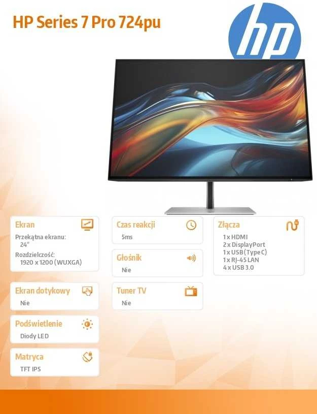 HP 724pu Series 7 Pro WUXGA įkrovimo monitorius – 24 colių 1920x1200 WUXGA 350 nitų 100Hz AG, IPS, USB-C(100W)/HDMI/DisplayPort Daisy-Chain, 4x USB-A, RJ-45/tilt/, reguliuojamas aukštis pasukamas / pasukamas, 3 metai (pakeičia Z24u G3)