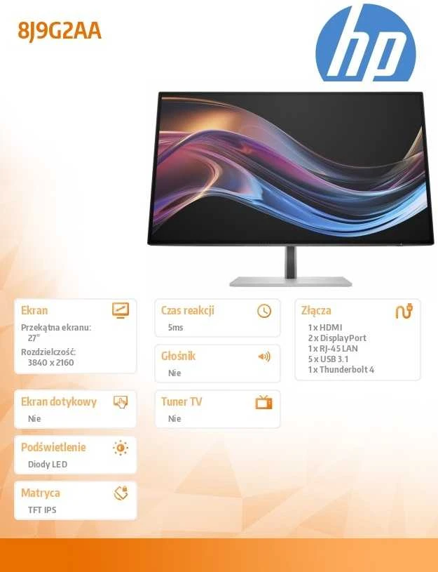 Hewlett Packard (HP) HP 727pk Series 7 Pro 4K TB4 įkrovimo monitorius - 27 colių 3840x2160 UHD 400 nitų 60Hz AG, IPS Juodas HDR 400, USB-C (100W/15W)/HDMI/DisplayPort Daisy-Chain, 5x USB-A, RJ-45 LAN, reguliuojamo aukščio / pakreipimo / pasukimo / sukimosi kampą, 3 metai (pakeičia Z27k G3)