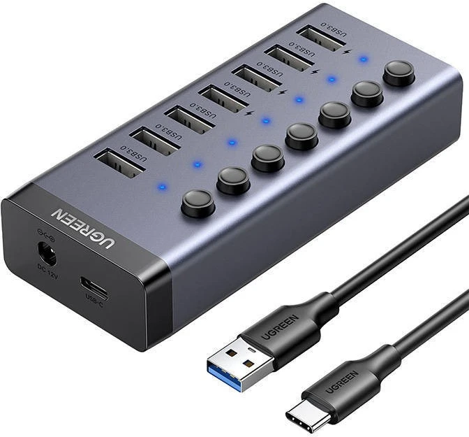 UGREEN Hub 7in1 USB-C, 7x USB-A 3.0 12V 2A (juoda)
