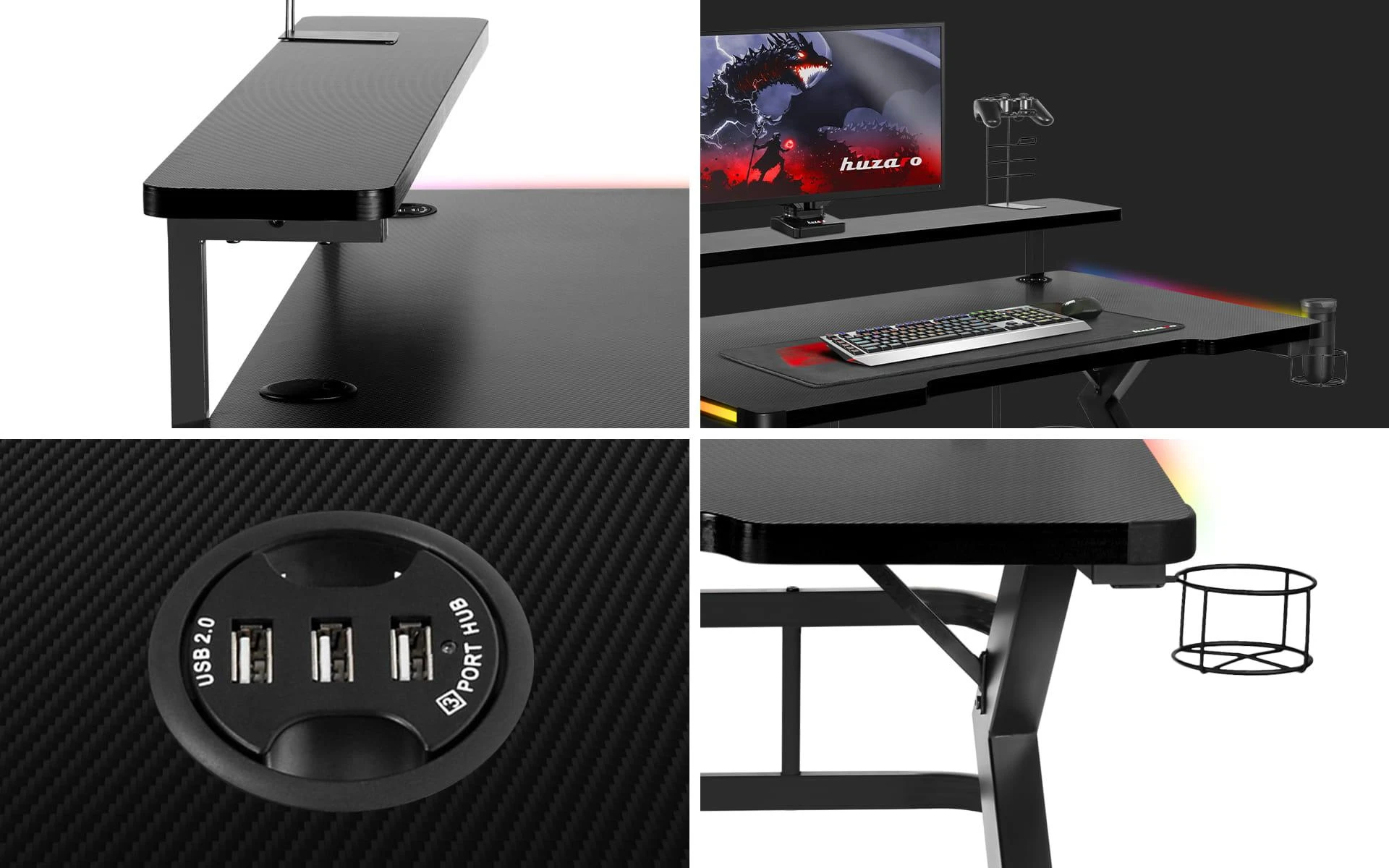 Žaidimų stalas Huzaro Hero 5.0 RGB, Juodos spalvos