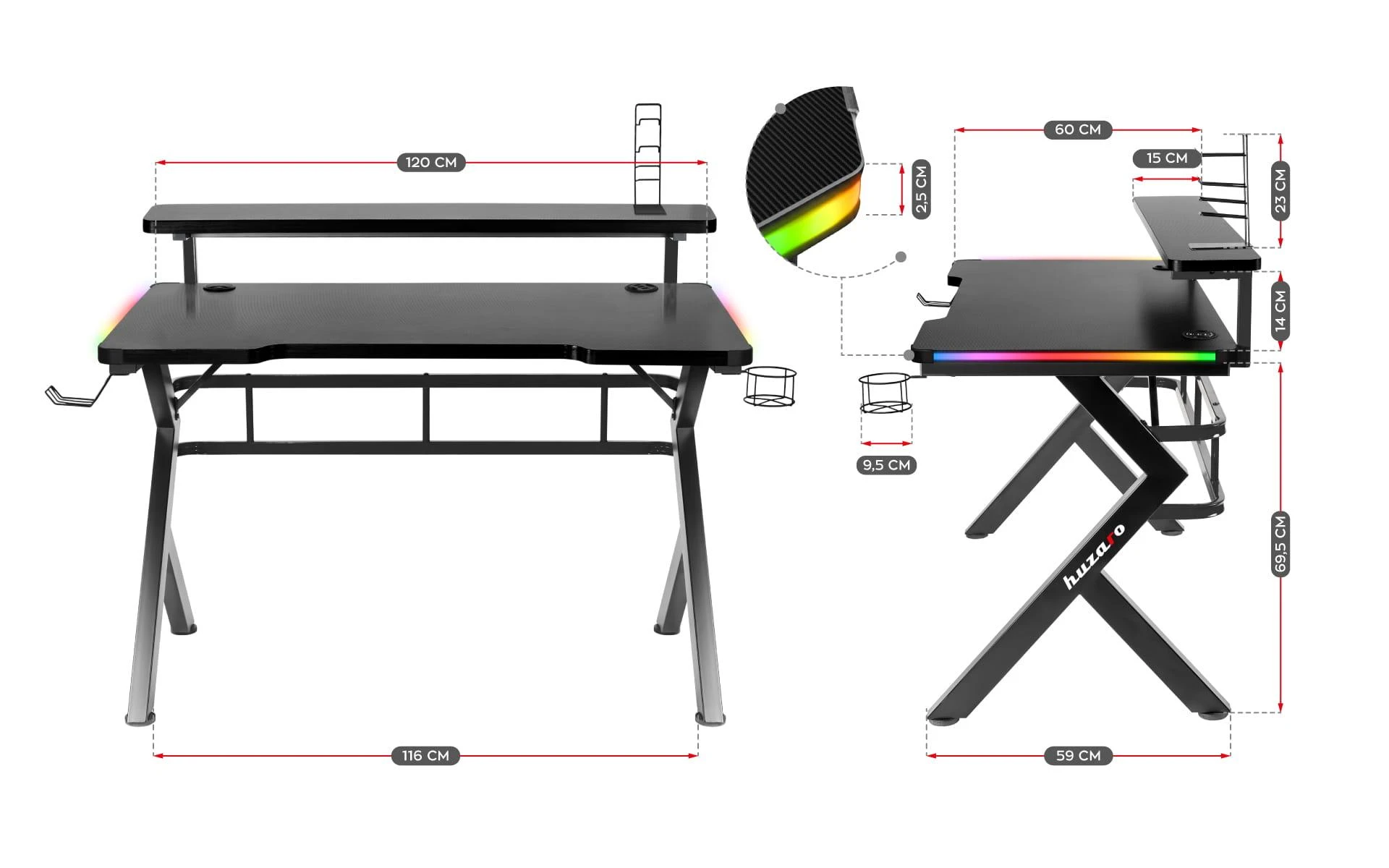 Žaidimų stalas Huzaro Hero 5.0 RGB, Juodos spalvos