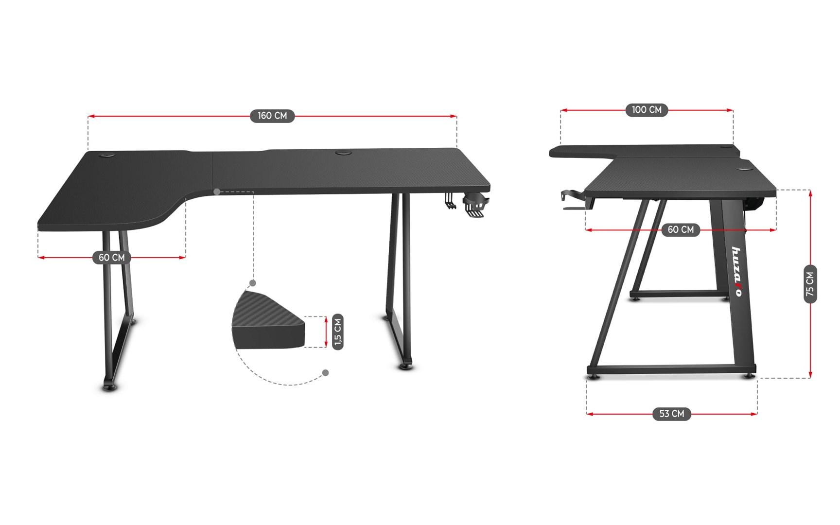 Kampinis žaidimų stalas Huzaro Hero 7.7 Gaming Desk, Juodas