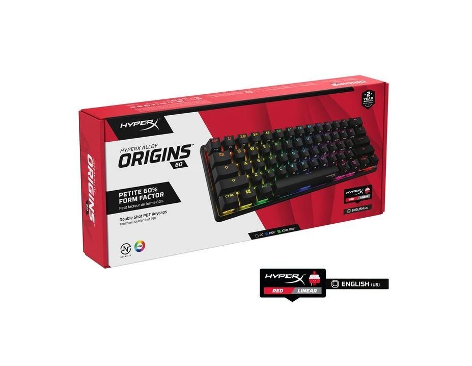 Mechaninė Žaidimų klaviatūra HyperX Alloy Origins 60, HyperX Red - Linear Switch, US išdėstymas