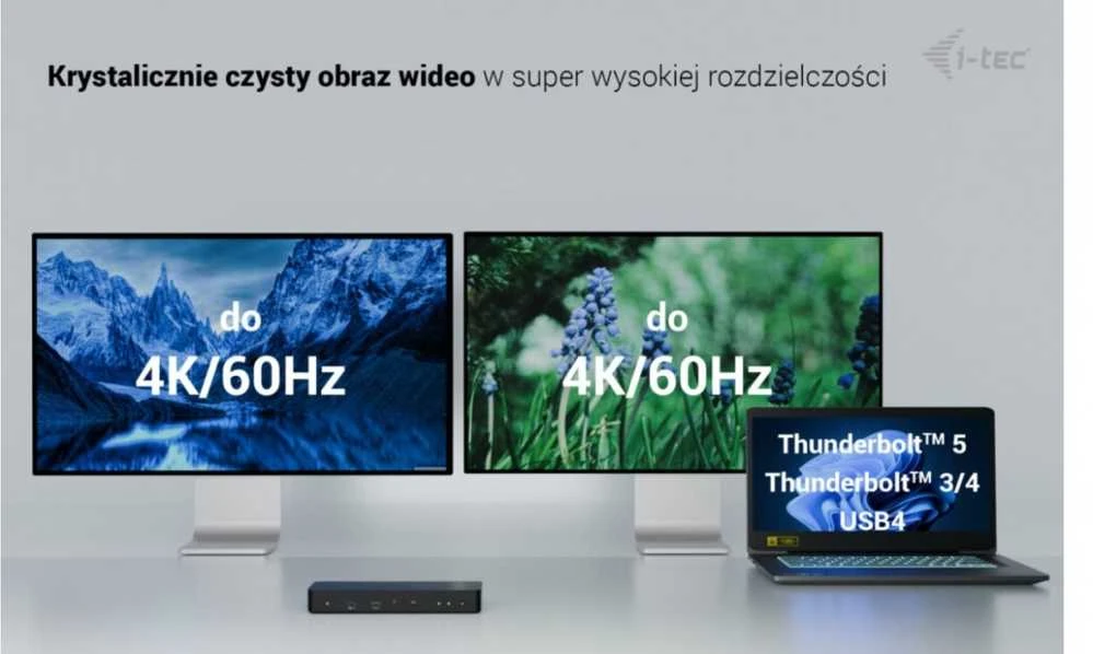 „I-tec TB4“ išmanioji dvigubo ekrano prijungimo stotelė, maitinimo šaltinis, 90 W, 2 x DP, vaizdo įrašymo įrenginys, TB garso jungtis, LAN, USB-A, 10 Gbps, USB-C, 10 Gbps, Kensingtono užraktas.