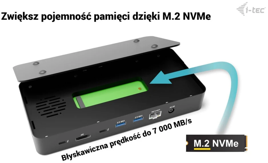 I-tec Thunderbolt 5 trijų ekranų prijungimo stotelė, M.2 lizdas, 6x USB 2.5 GLAN maitinimo šaltinis, 140W