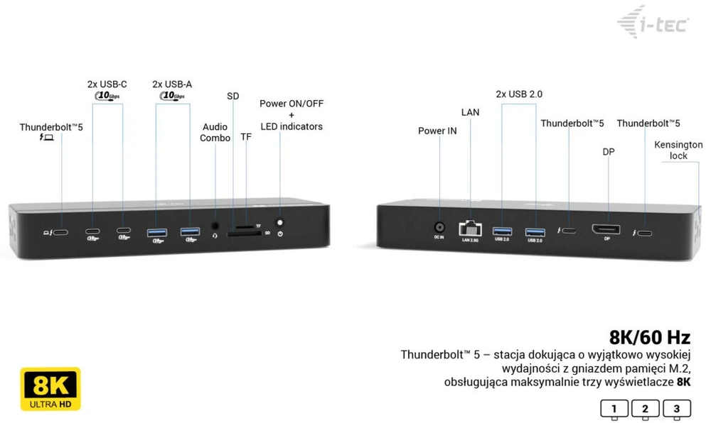 I-tec Thunderbolt 5 trijų ekranų prijungimo stotelė, M.2 lizdas, 6x USB 2.5 GLAN maitinimo šaltinis, 140W