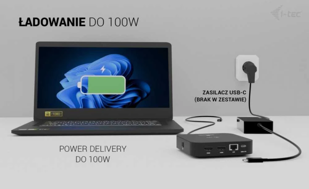 „I-tec USB-C“ dvigubas HDMI 2xHDMI 4K 60Hz 2x USB-C (10Gbps+5Gbps) 4x USB-A (2x5Gbps) Maitinimo tiekimas 100W LAN Garsas + universalus įkrovimas 100W