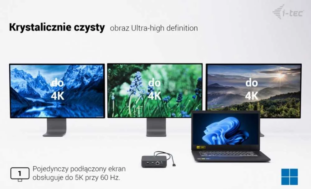 „I-tec USB-C DP“ dvigubas HDMI, 2xHDMI, 4K 60Hz, 1x USB-C (10Gbps), 5x USB-A (3x5Gbps), maitinimo šaltinis, 100 W LAN, garsas