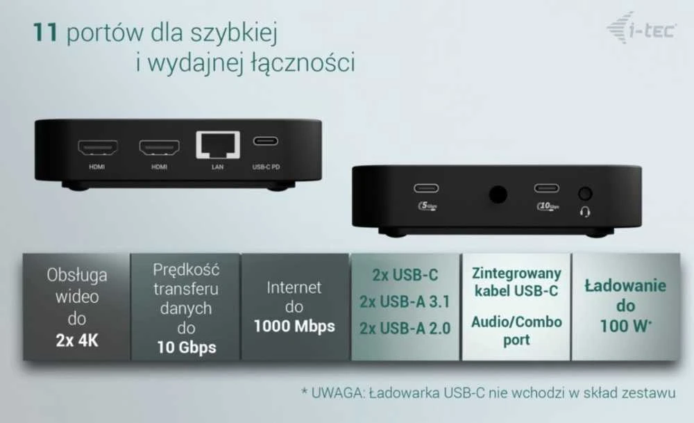 „I-tec USB-C“ dvigubas HDMI, 2xHDMI, 4K 60Hz, 2x USB-C (10Gbps+5Gbps), 4x USB-A (2x5Gbps), maitinimo šaltinis, 100 W LAN, garsas