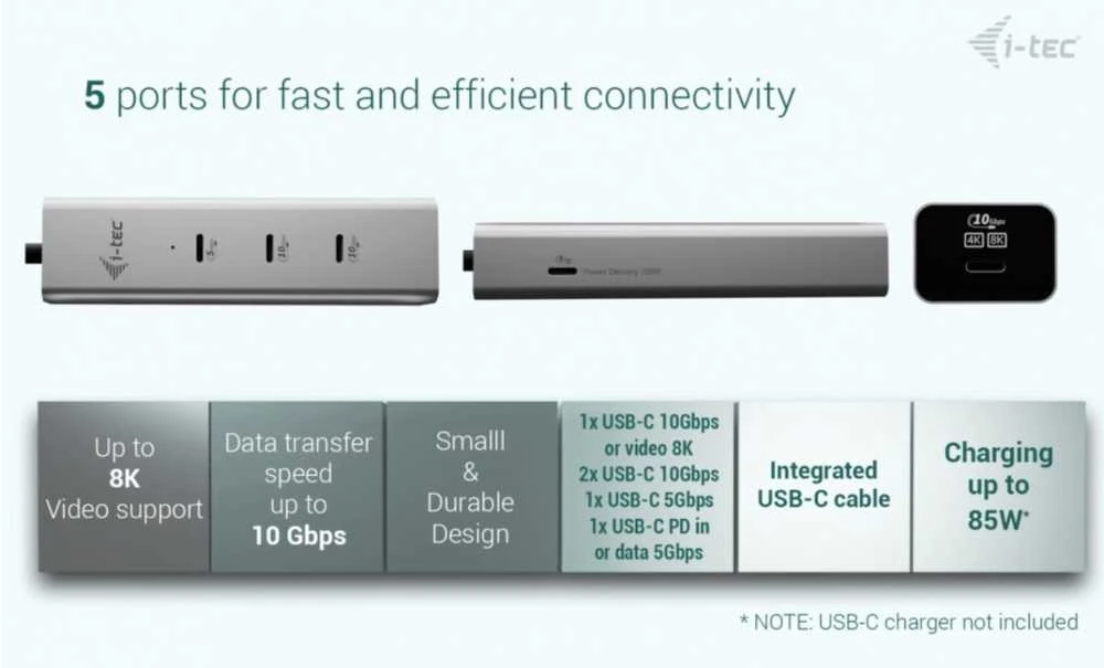 I-tec Metalinis USB-C įkrovimo šakotuvas, 5 prievadų, su USB-C vaizdo įrašu, 8K + maitinimo šaltiniu, 85 W