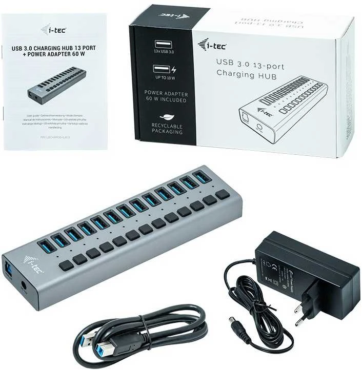 I-TEC USB 3.0 Charging HUB 13 prievadų prievadas su išoriniu maitinimo adapteriu 60 W 13x USB įkrovimo prievadas, skirtas planšetiniams kompiuteriams Nešiojamiesiems kompiuteriams Ultrabook kompiuteriams