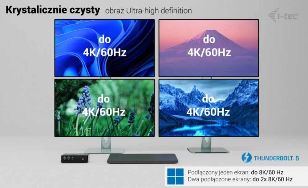 „I-tec Thunderbolt 5 Quattro“ ekrano dokas, 2x HDMI, 2x TB5 (iki 120 Gbps, 30 W), 5x USB (10 Gbps, BC 1.2), 2,5 colio garso išvesties kortelė, maitinimo šaltinis 140 W (TB5 kabelis, 1 m)