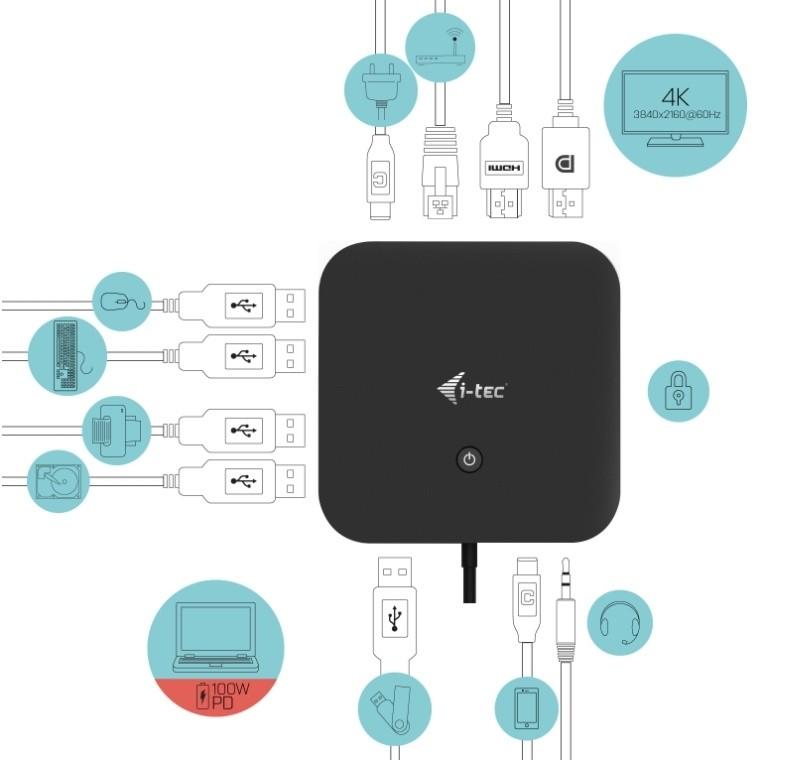 I-TEC USB-C Dual Ekranas MST DS 1xDP 1xHDMI 1xGLAN 3xUSB 3.0 2x USB 2.0 1xUSB-C-Datei 1xGarso / mikrofono lizdas 1x100W USB-C PD
