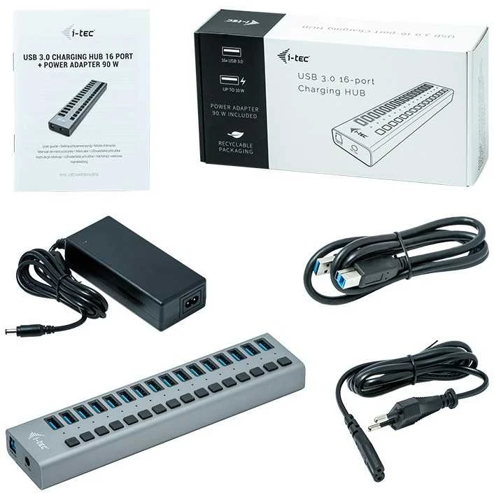I-TEC USB 3.0 įkrovimo HUB 16 prievadų prievadas su išoriniu adapteriu 90 W 16x USB įkrovimo prievadas, skirtas planšetiniams kompiuteriams Nešiojamiesiems kompiuteriams Ultrabooks kompiuteriams