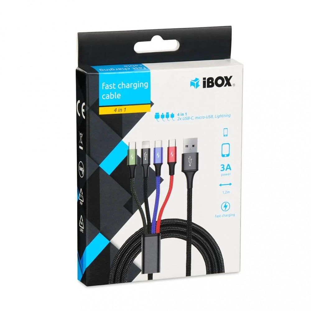 IBOX USB MULTI 4 IN 1 KABELAS: 2X USB-C MICRO USB LIGNING – SPALVOTAS KABELIS