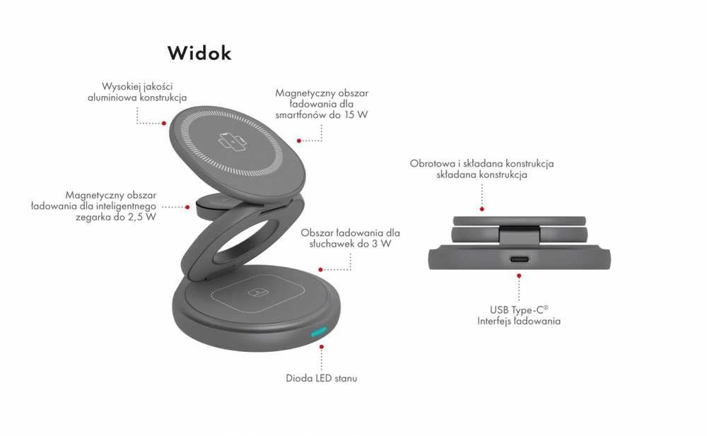 Icy Box Raidsonic 3 in 1 sulankstomas magnetinis įkrovimo stovas mobiliajam telefonui, ausinėms ir išmaniesiems laikrodžiams, Aliuminio | Ledo dėžė IB-SH101-CH