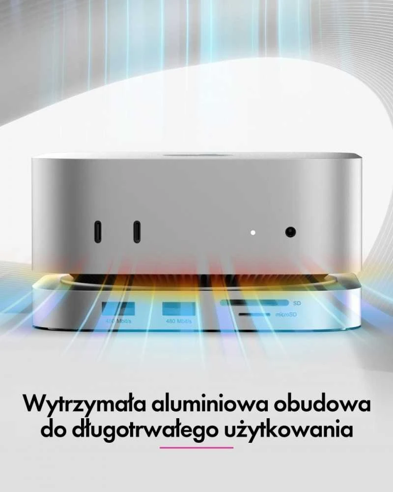 ICY BOX USB-C 7w1, skirtas „Mac Mini M4“ | 3x USB-A | 1x HDMI | 1x garso/mikrofono | 1x SD/Micro SD | 1x M.2 NVMe