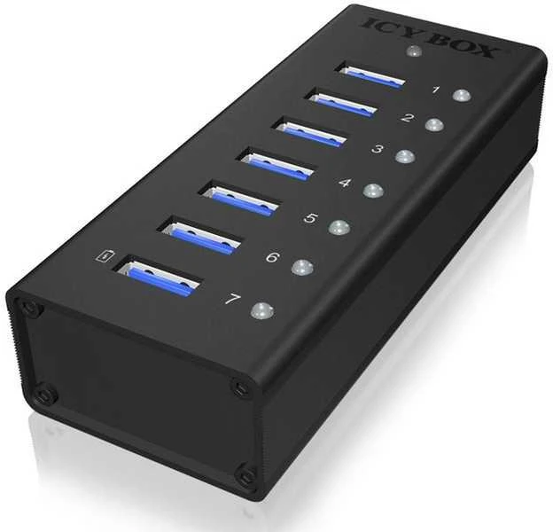 RaidSonic ICYBOX IB-AC618 Icy Box 7 x Port USB 3.0 Hub su USB įkrovimo prievadu, Juodas