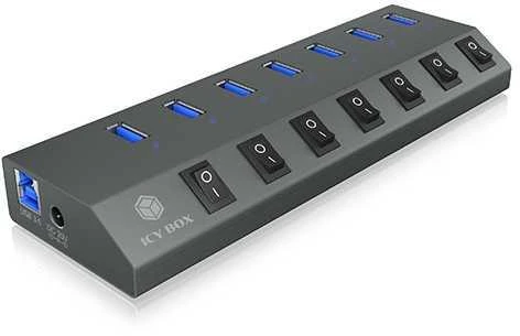 Icy Box Ib-hub1701-c3 7xusb tipo a, įjungimo / išjungimo jungiklis kiekvienam USB prievadui