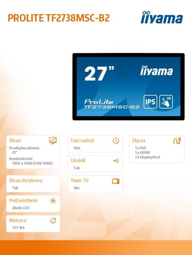 Monitorius IIYAMA TF2738MSC-B2 27 colių IPS 1920x1080 10 taškų jutiklinis 1000:1 425cd/m2 5ms DVI HDMI DP USB jutiklinės sąsajos garsiakalbiai 2x3W