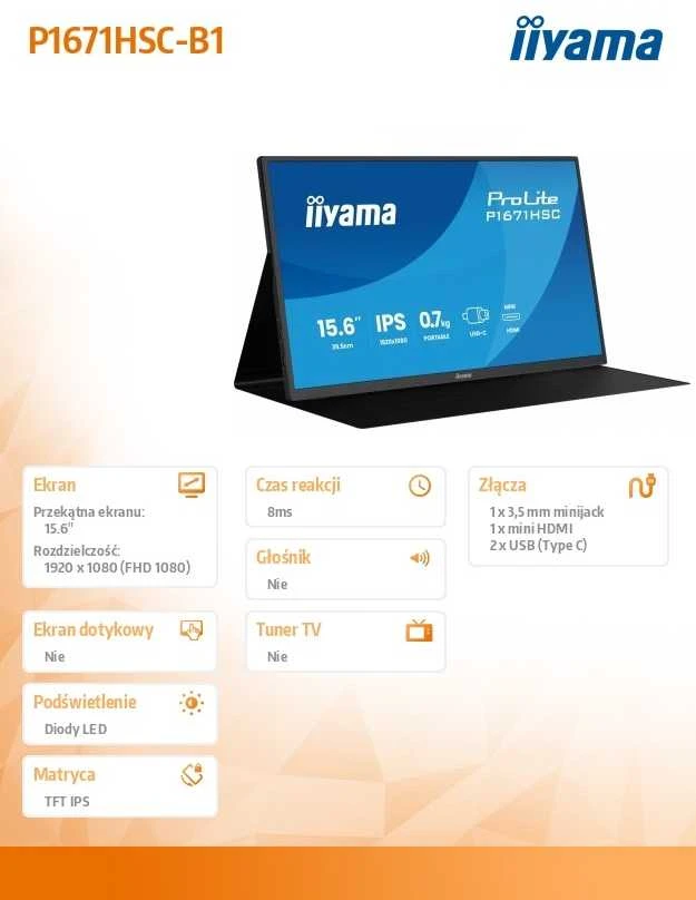 Monitorius iiyama ProLite P1671HSC-B1 - 60Hz | Full HD | IPS | 15,6" | 3ms